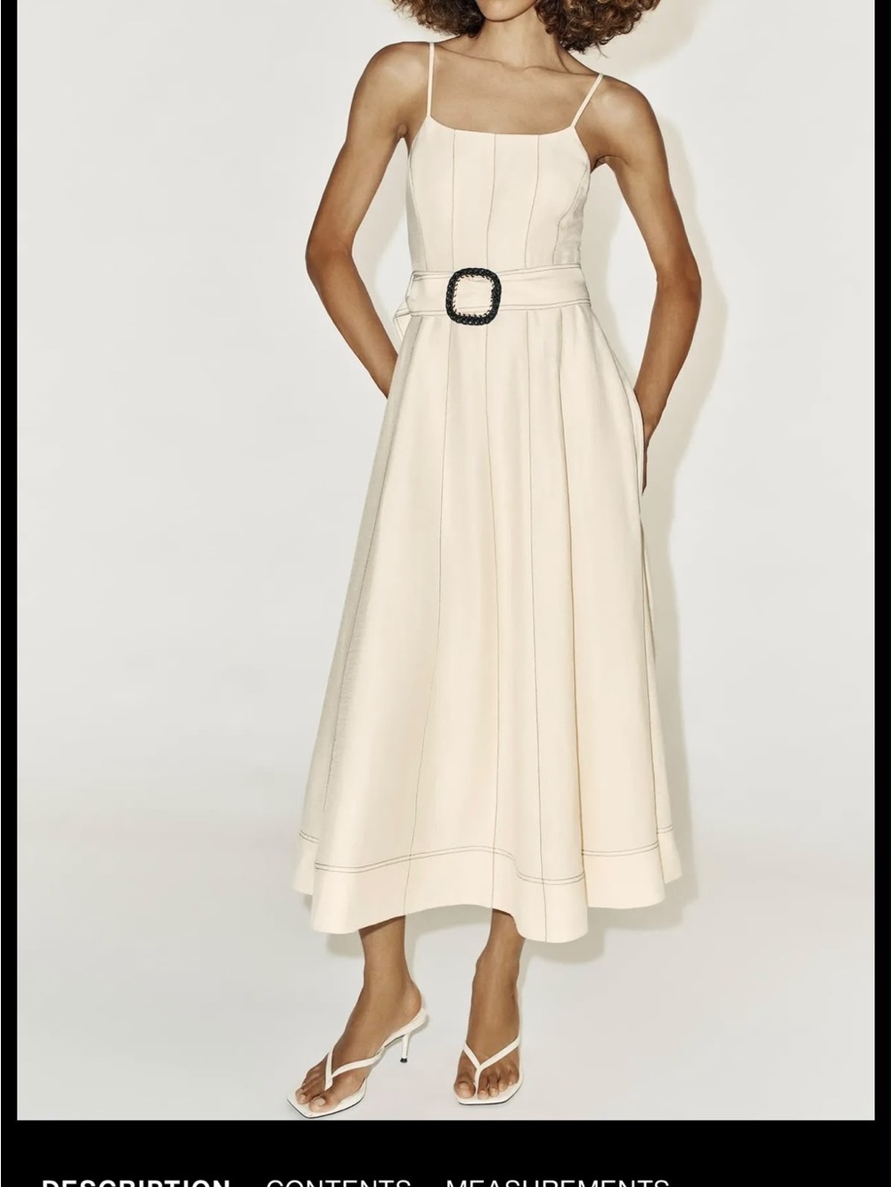 Zara Cream Spaghetti-Strap Midi Dress with Buckle Belt